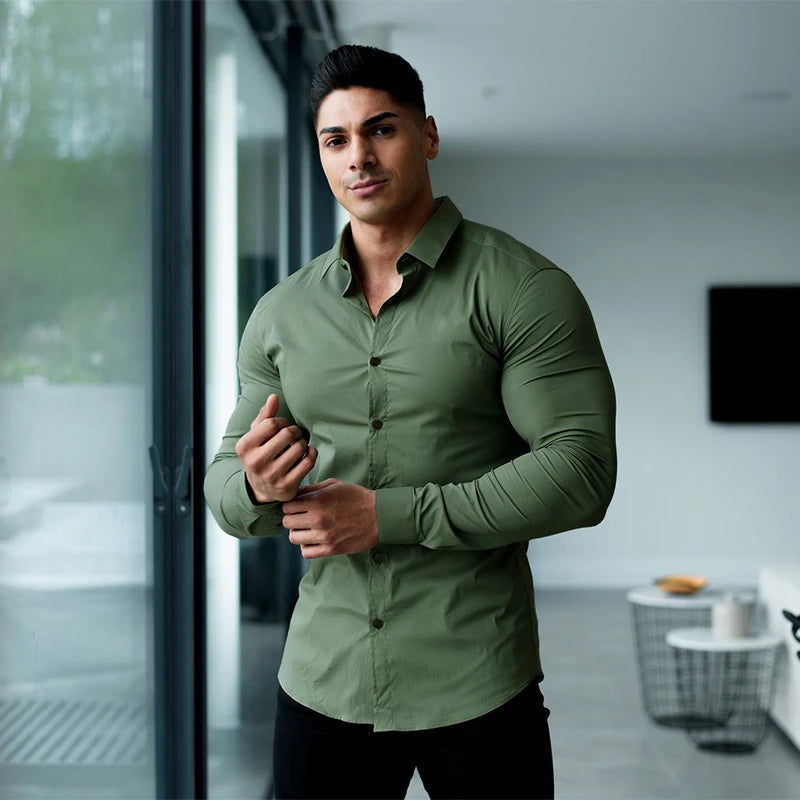 Men’s Super Slim Fit Plain Shirt – Long Sleeve Casual Button-Up for Business, Social Events, and Daily Sophisticated Style