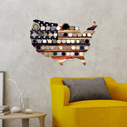 Vintage Wooden American Flag Coin Display – Handmade Wall-Mounted USA Shape Stand, Patriotic Art Piece for Challenge Coins, Police, Veterans, and Collectors’ Keepsake Home Decor