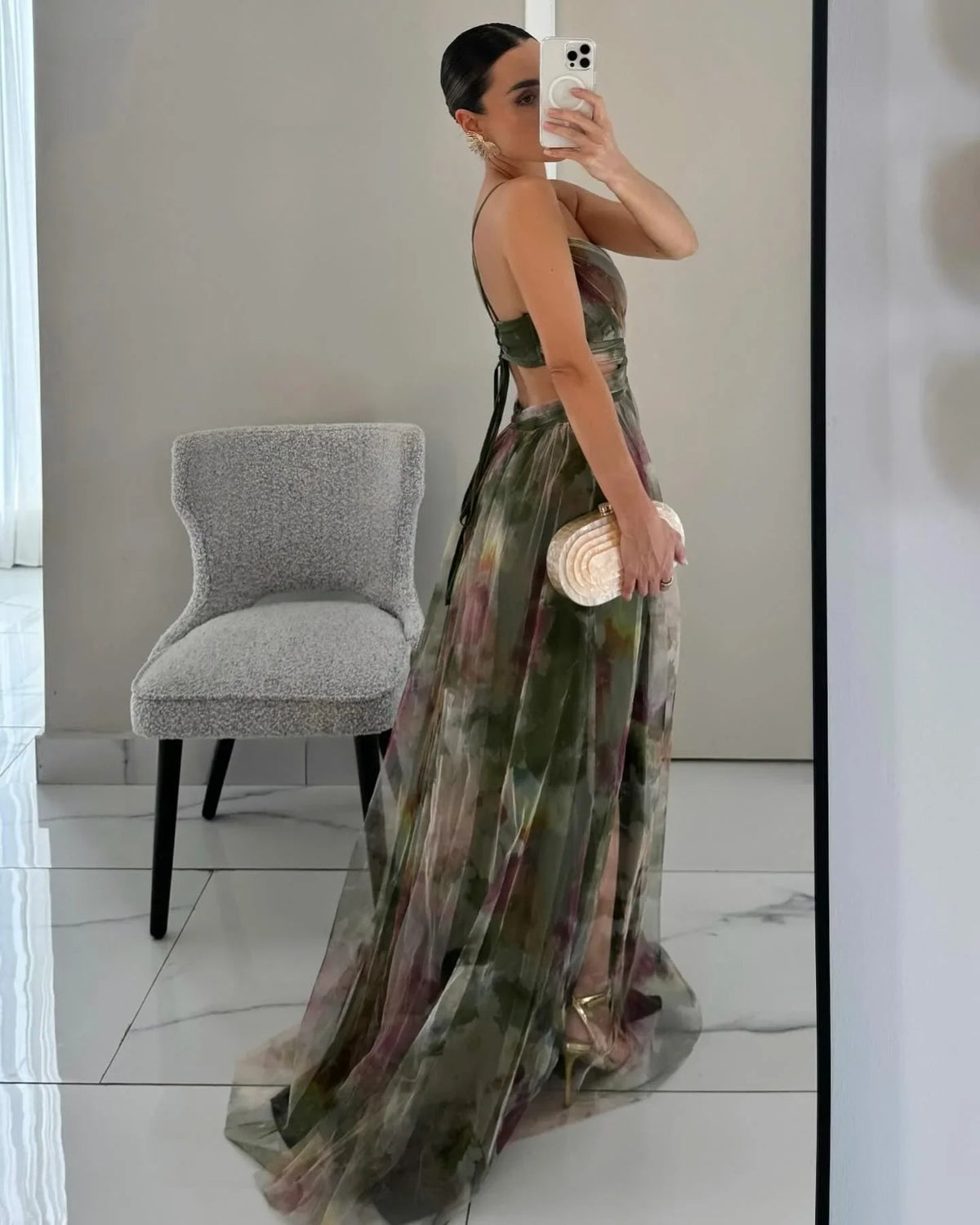 Sexy Hollow-Out Party Maxi Dress – Women’s Summer Print Sleeveless Lace-Up Vestido for Lounge, Outdoor Events or Evening Glamour