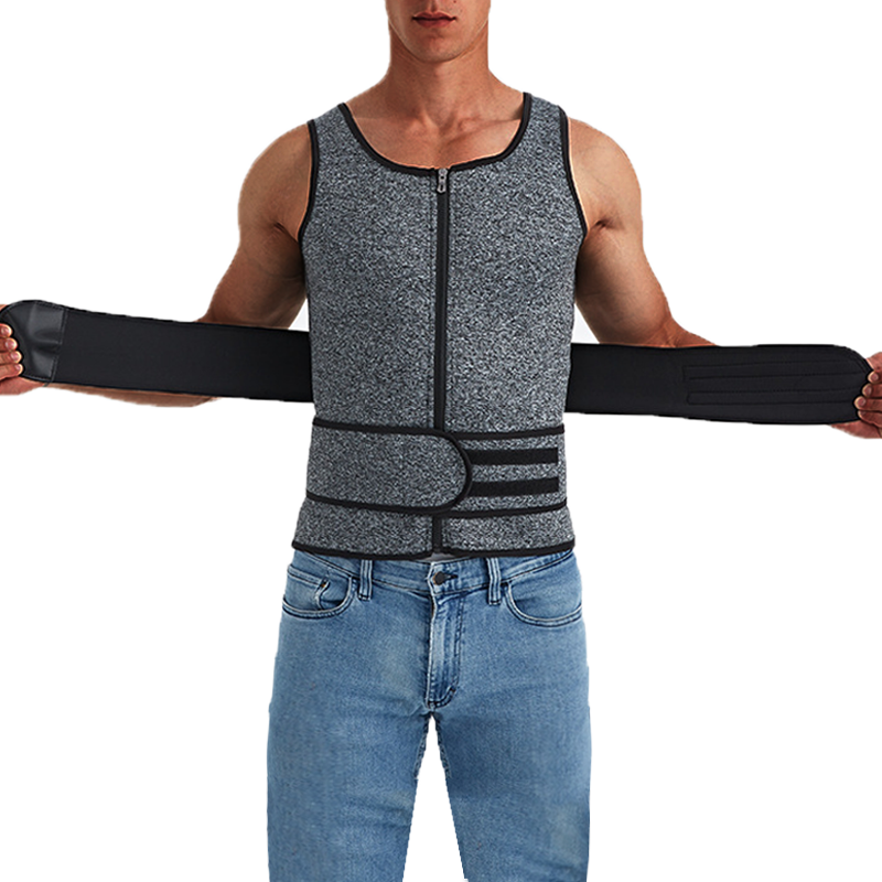 Men's Double Belt Shapewear Vest - High-Performance Neoprene Sweat Bodysuit - Extreme Waist Cincher & Belly Control - Firm Compression, Sporty Gray