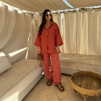 Solid Shirt & Wide-Leg Pants Set – Summer Vintage Streetwear for Women, Button-Down Blouse & Elegant Trousers