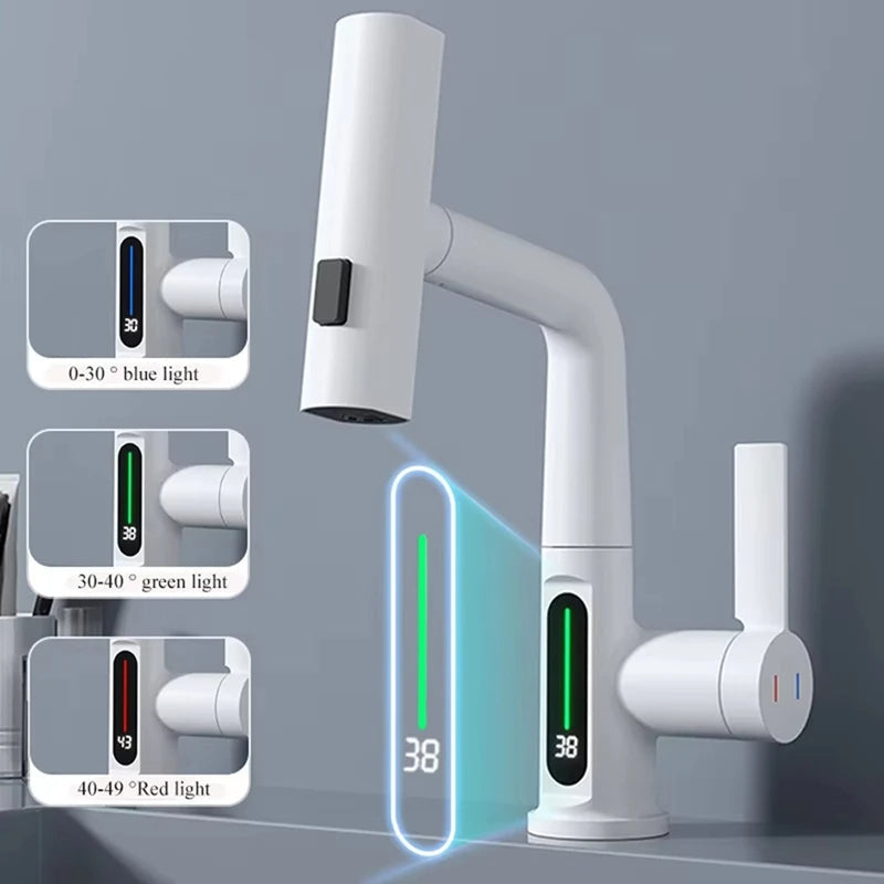 Waterfall Pull-Out Faucet with Intelligent Digital Temperature Display – Battery-Free Rainfall Kitchen & Bathroom Tap for Elegant, Smart Flow Control