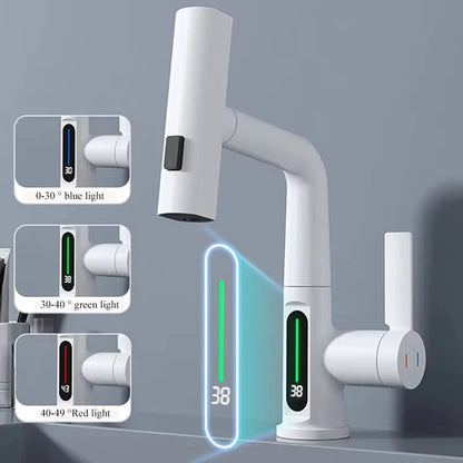 Waterfall Pull-Out Faucet with Intelligent Digital Temperature Display – Battery-Free Rainfall Kitchen & Bathroom Tap for Elegant, Smart Flow Control
