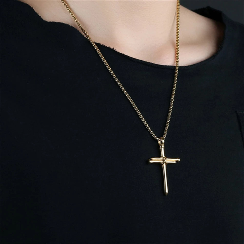 Vintage Stainless Steel Cross Nail Necklace – Christian Jesus Pendant for Men’s Punk Fashion