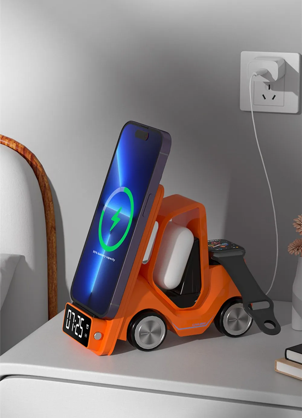 Car Shaped Wireless Charging Dock & LED Alarm Clock – 3-in-1 Fast Charge for iPhone, Apple Watch & Air Pods