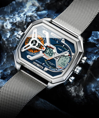 Men's LED Watch – Waterproof Rectangle Stainless Steel Quartz Timepiece with Week & Date Display, Elegant Fashion Accessory