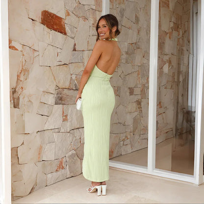 Pleated Halter Split Long Dress – Backless Slim Fit Summer Luxury Dress for Evening Elegance