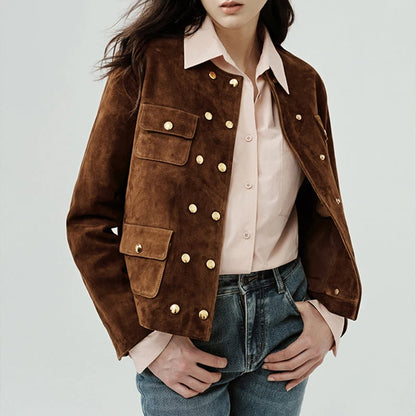 Snap Down Vintage Suede Short Coat – Slim Fit Double-Breasted Jacket with Gold Buttons for Autumn Elegance