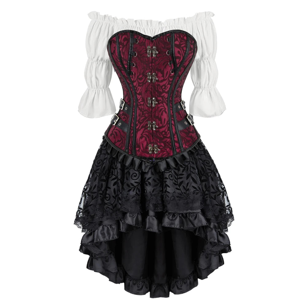Women’s Pirate Corset Dress – Plus Size Brown Faux Leather Steampunk Costume with Off-Shoulder Blouse for Halloween Party Cosplay