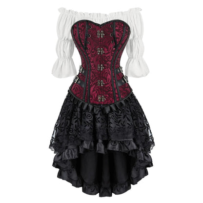 Women’s Pirate Corset Dress – Plus Size Brown Faux Leather Steampunk Costume with Off-Shoulder Blouse for Halloween Party Cosplay