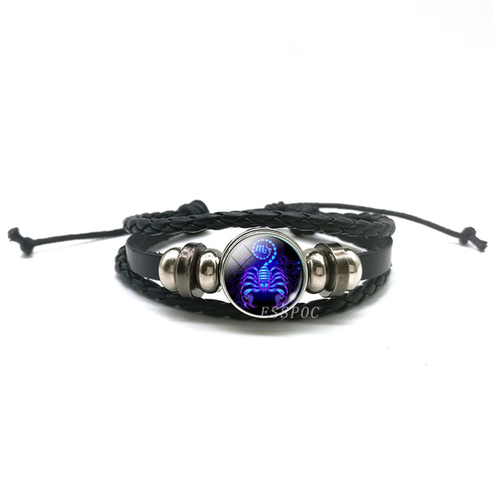Handwoven Zodiac Leather Charm Bracelet – 12 Constellation Signs, Vintage Couple Gift for Women & Astrology Lovers