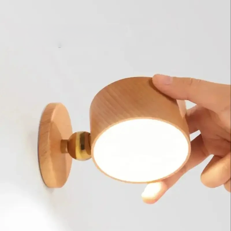 Wooden LED Bedside Reading Lamp – 360° Rotating Touch-Control Night Light, USB Rechargeable, Dimmable, Wall Mountable for Stylish Bedside Glow