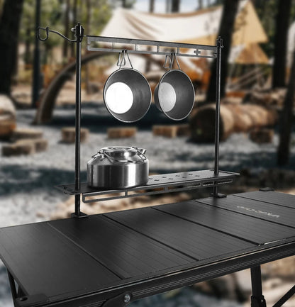 Foldable Aluminum Camping Storage Rack – Double-Layer Organizer Table for Outdoor Kitchen, Hanging Rack & Compact Portable Design