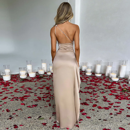 Korean One-Shoulder Pattern Print Maxi Dress – Side-Split Backless Diagonal Collar Beauty for Beach & Summer Elegance