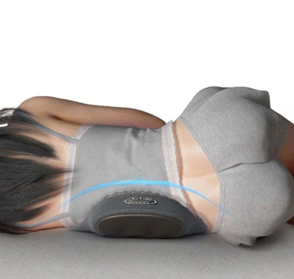 Lumbar Support Massage Pillow – Ergonomic Electric Waist Cushion with Heat and Vibration for Back Relief, Relaxation, and Daily Comfort