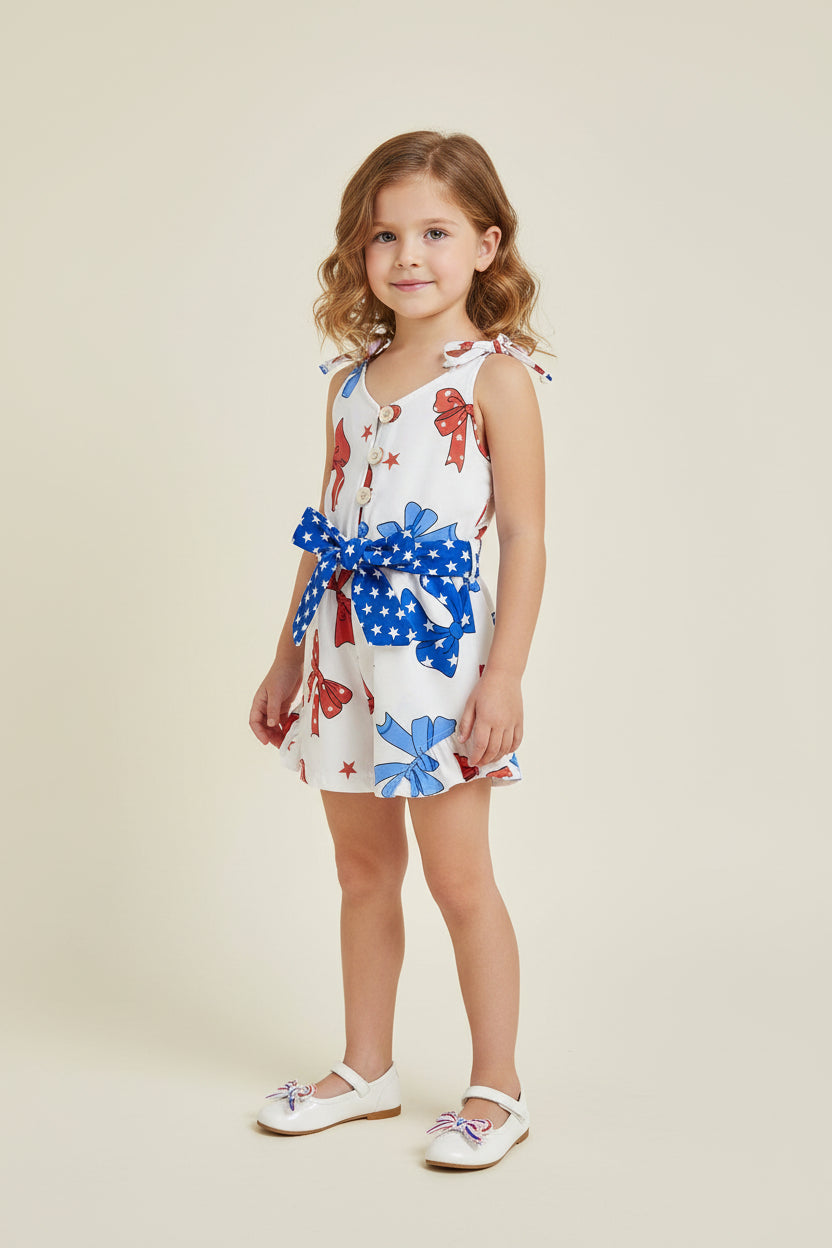 Patriotic Girls’ Sleeveless 4th of July Romper – Red White & Blue Star Print Jumpsuit with Ruffle Hem & Tie Straps