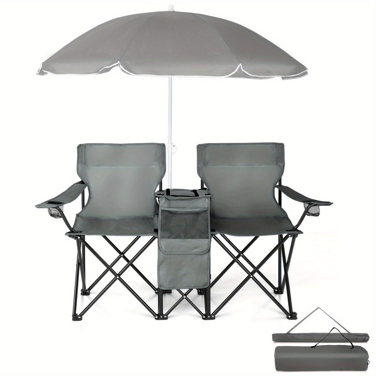 Two Seaters Beach Chair with Umbrella and Side Bag – Portable All-in-One Seat with Sunshade, Ultimate Comfort for Outdoor Adventures, Picnics, and Angler's Relaxation