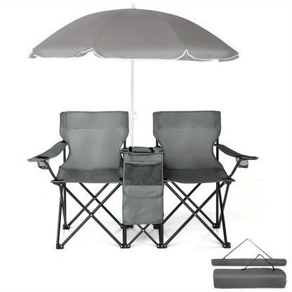 Two Seaters Beach Chair with Umbrella and Side Bag – Portable All-in-One Seat with Sunshade, Ultimate Comfort for Outdoor Adventures, Picnics, and Angler's Relaxation