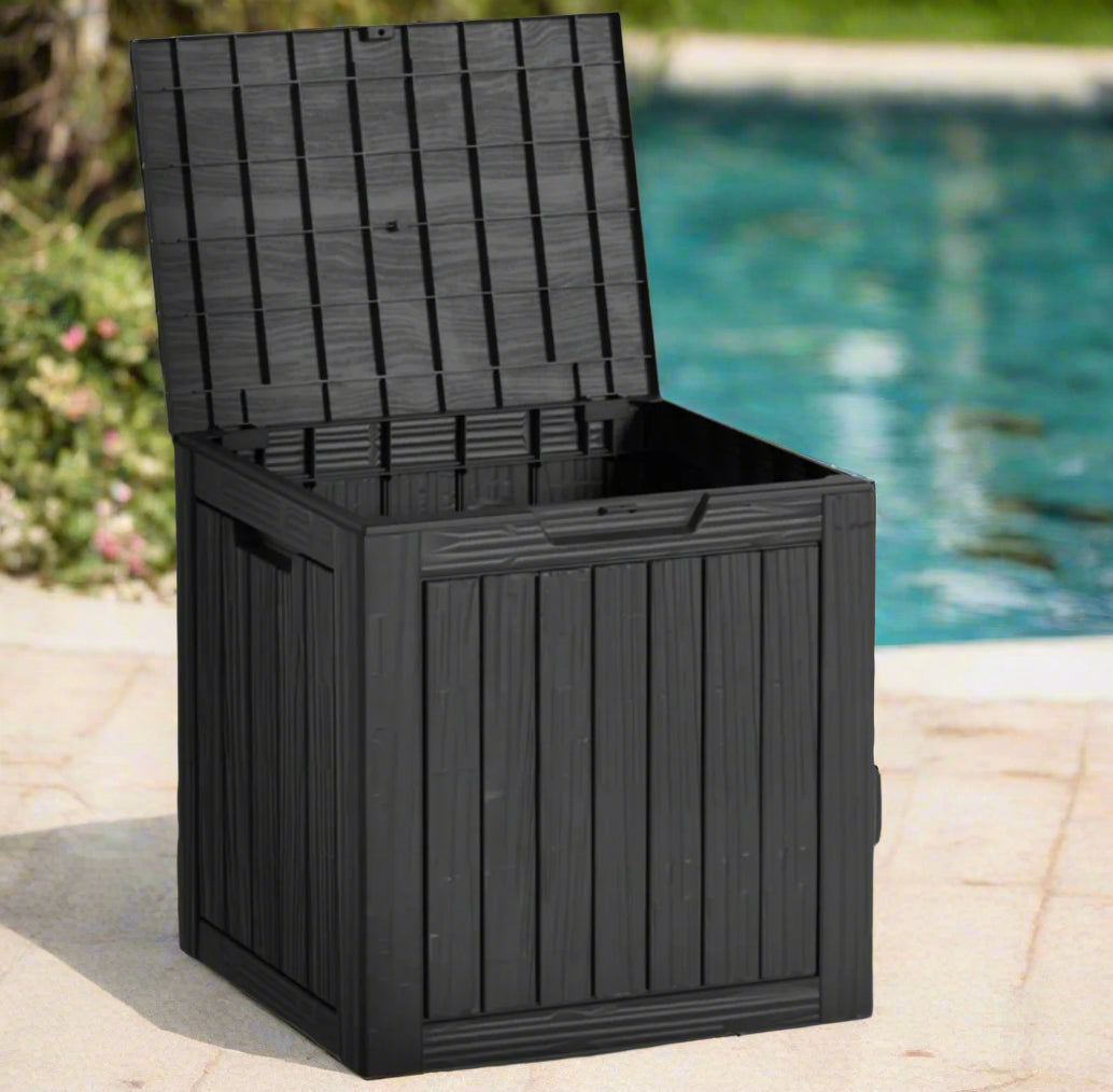 Black Outdoor Storage Box - 30 -Gallon Weatherproof Garden Organizer for Patio, Poolside, and Backyard Supplies