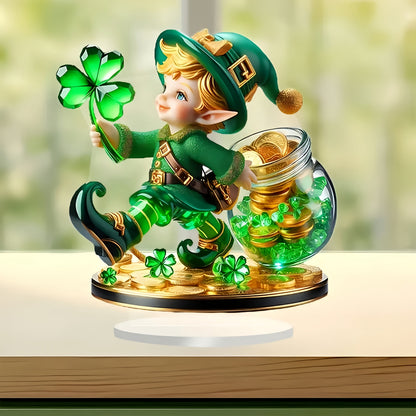 Acrylic Leprechaun Tabletop Décor – 2D Green Hat Shamrock Figurine with Gold Coins for Home Office St. Patrick’s Day Displays