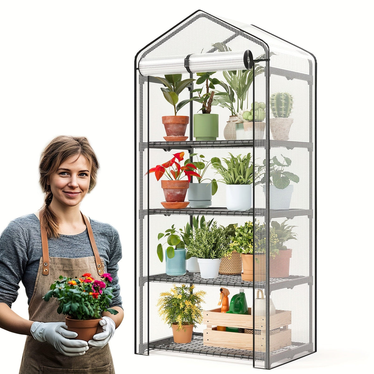 Portable Outdoor Tomato Greenhouse with Wheels – Roll-Up Door, 3-Tier Shelves for Plants, Flowers & Winter Weather Protection