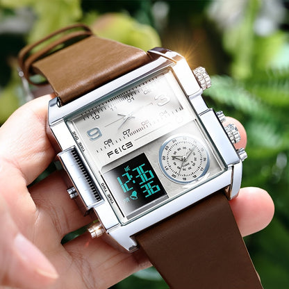 Men’s Business Sports Watch – Large Square Dial LED Quartz Watch with Luminous Display, Alarm and Leather Strap