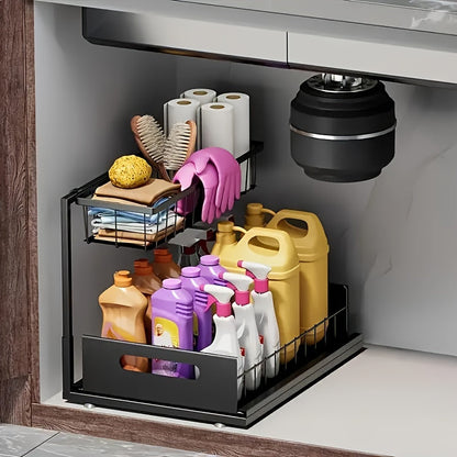 Two Tier Pull-Out Under Sink Organizer – Sliding Cabinet Shelf Storage for Kitchen or Bathroom, Space-Saving and Easy Access for Cleaning Supplies