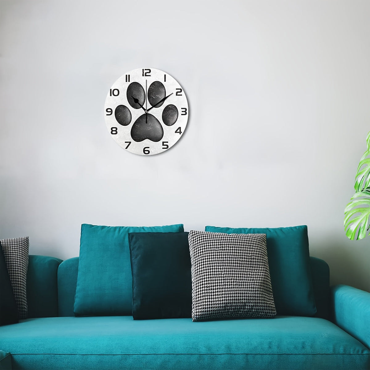 Silent Non-Ticking Dog Paw Wall Clock - Rustic Black & White Oil Painting, Wooden Frame, 1pc, Decorative for Home, Office, or School