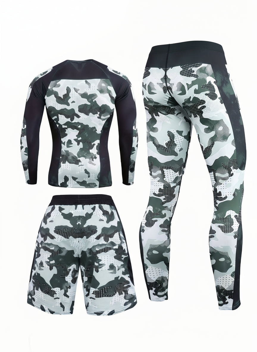 Men’s Camo Compression Training Set – Long Sleeve Top, Shorts & Leggings for Sports, Gym & Outdoor Fitness