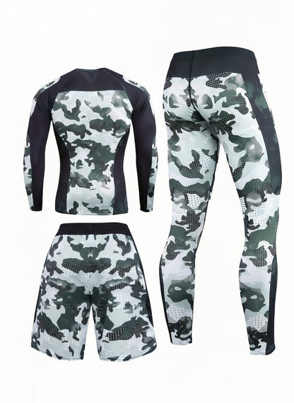 Men’s Camo Compression Training Set – Long Sleeve Top, Shorts & Leggings for Sports, Gym & Outdoor Fitness