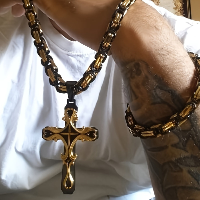 Vintage Men’s Necklace Set – Cuban Chain with Stainless Steel Cross Pendant for Street Style, Hip Hop and Daily Accessories
