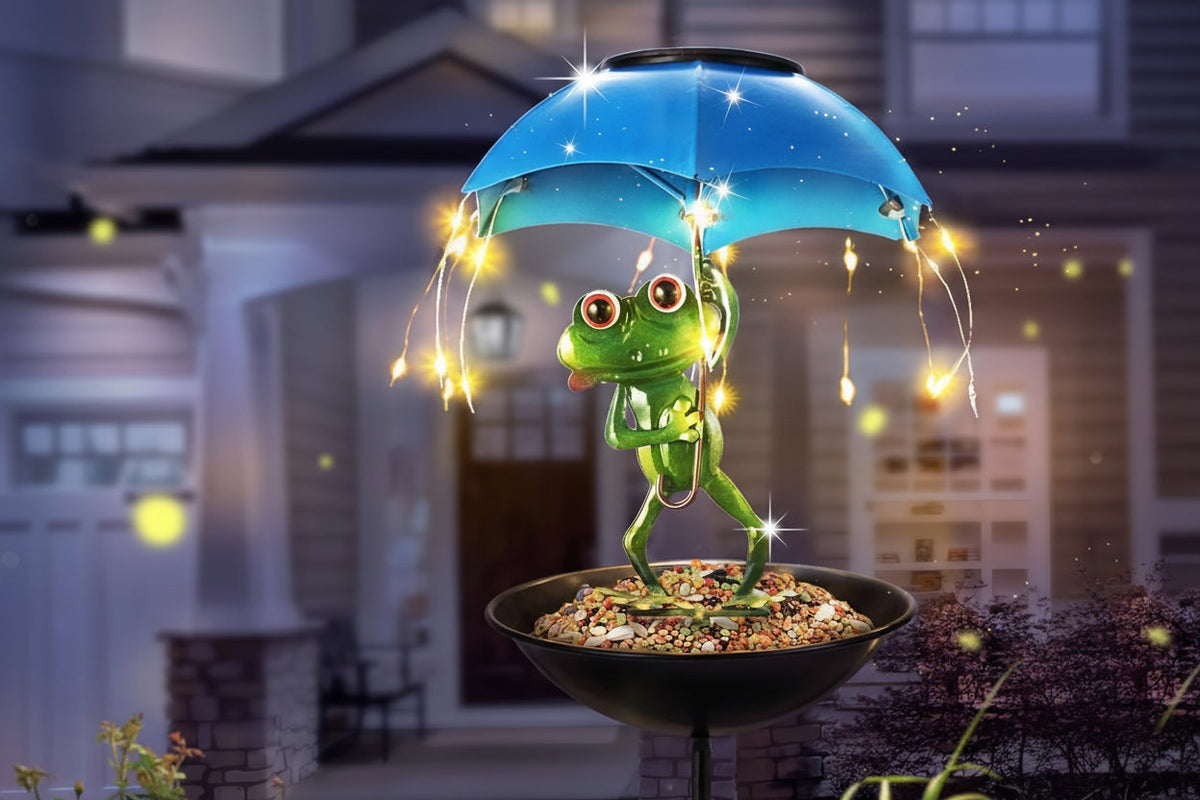 Outdoor Frog Statue Solar Street Light –  Garden Decor with LED String Lights, Bird & Hummingbird Feeder Channel for Lawns, Terraces, Aisles & Pathway Illumination