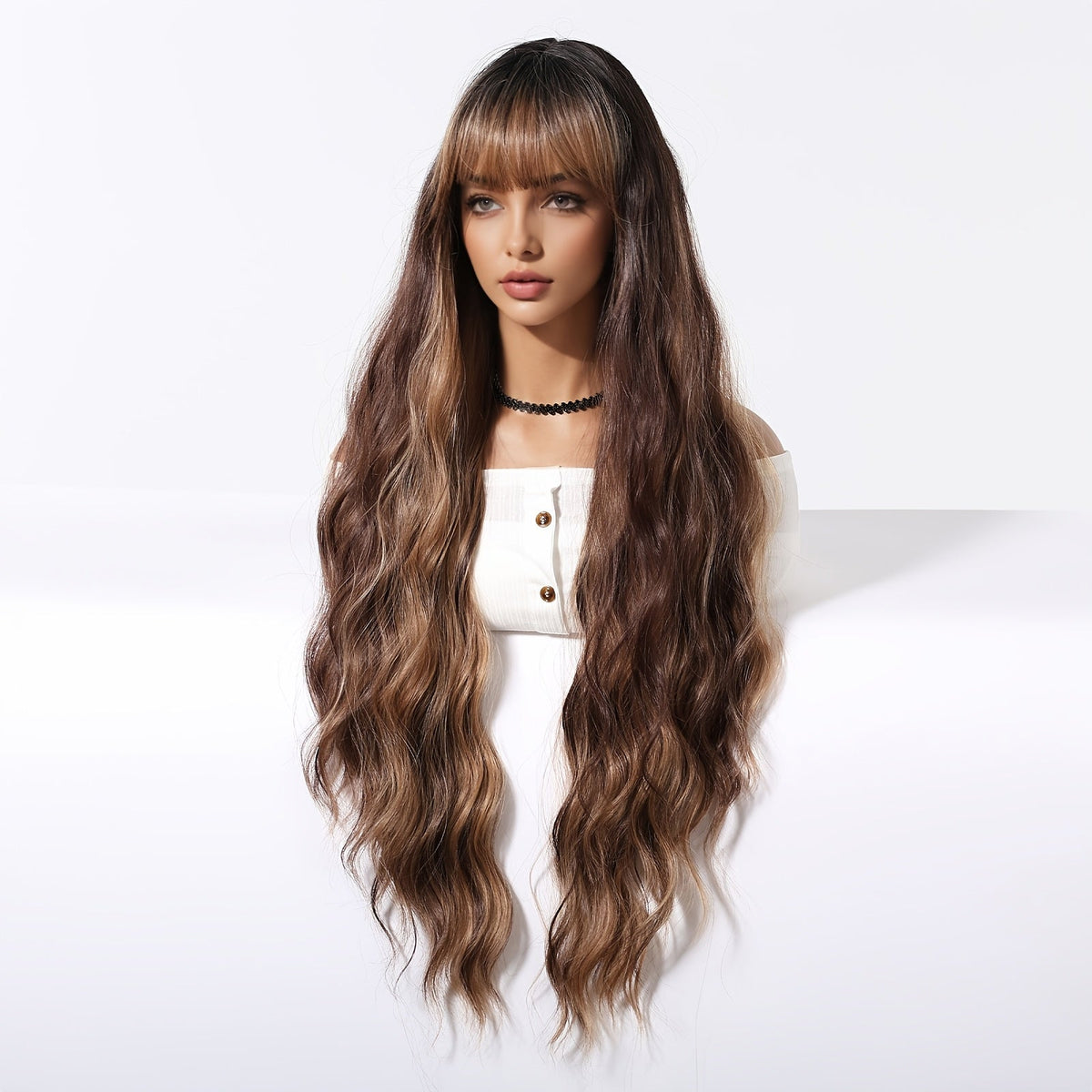 Brown Curly Wig with Bangs – 32” Heat-Resistant Synthetic Hair for Daily Wear and Effortless Style for Any Occasion