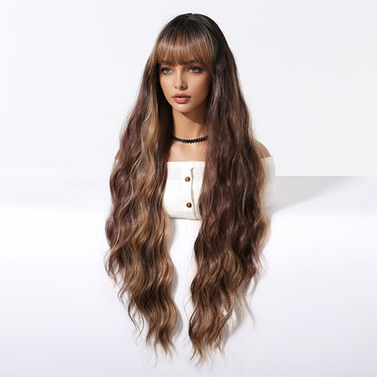 Brown Curly Wig with Bangs – 32” Heat-Resistant Synthetic Hair for Daily Wear and Effortless Style for Any Occasion