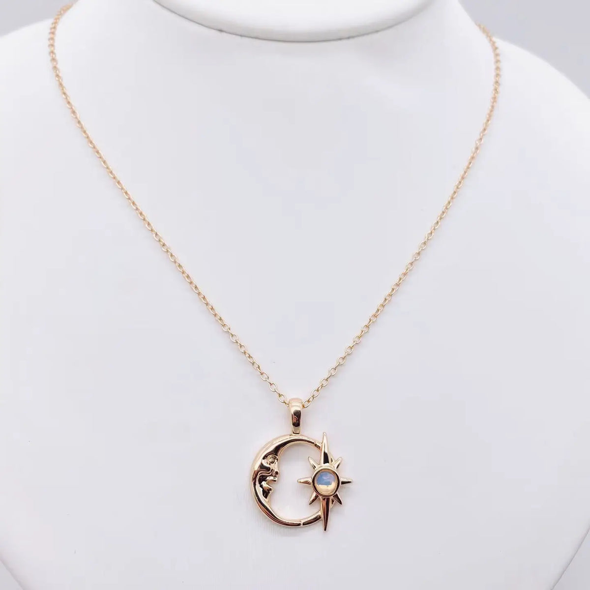 Golden Hollow Out Moon and Sun Pendant Necklace – Trendy Waterproof Stainless Steel Jewelry for Women