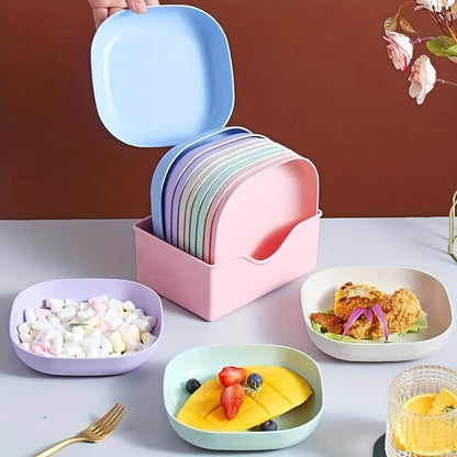 Square Dinner Plate Set with Holder – Ten Pieces Durable Plastic Dishes for Snacks, Breakfast & Everyday Dining