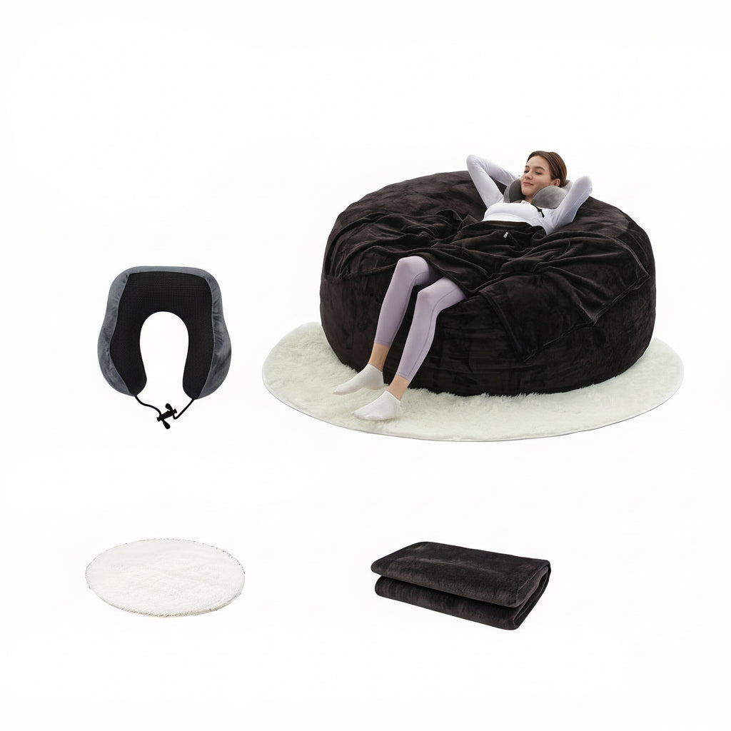 Oversized Bean Bag Sofa Chair –  6FT Memory Foam Lounger with Flannel Cover, Includes U-Shape Pillow, Blanket & Carpet Set