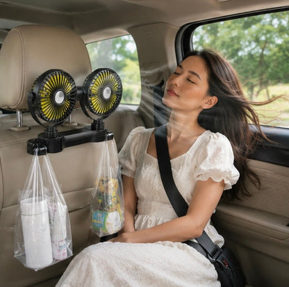 Dual Head Car Seat Fan - Adjustable Headrest Cooling Fan with 360 Degree Rotation and Quiet Airflow