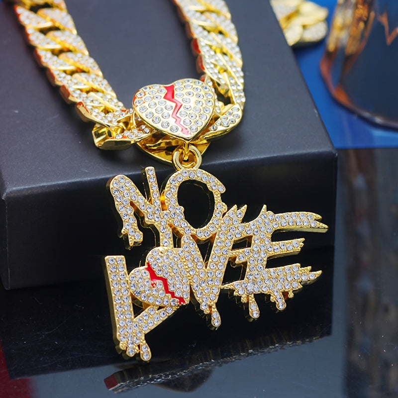 Shiny No Love Pendant Necklace – Iced Cuban Chain Hip Hop Jewelry for Men and Women Streetwear Style Gifts