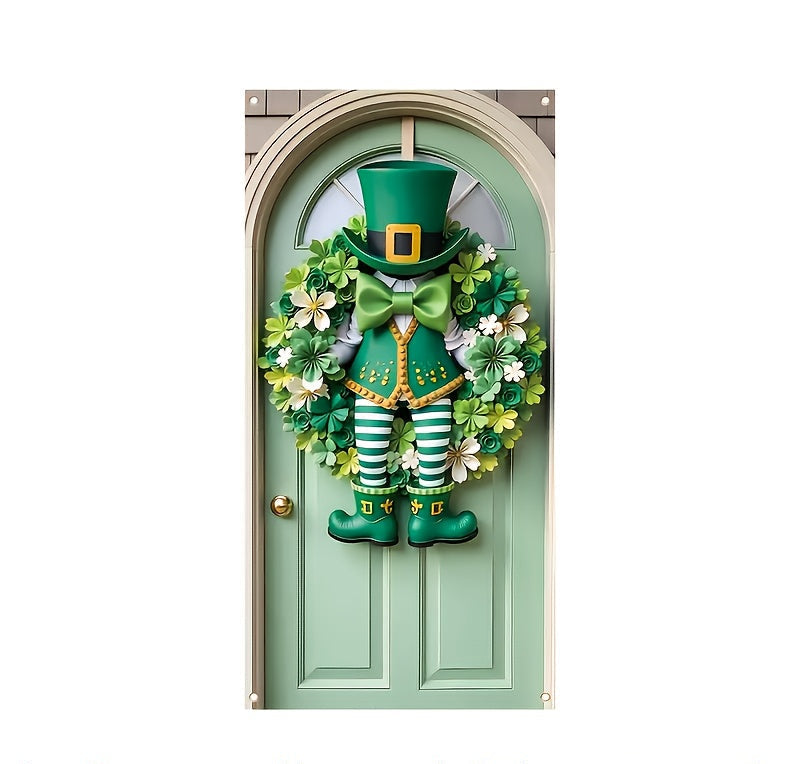 St. Patrick’s Day Door Banner – 70.8" Polyester Wreath Design with Shamrocks, Leprechauns & Bow Ties for Indoor & Outdoor Decor
