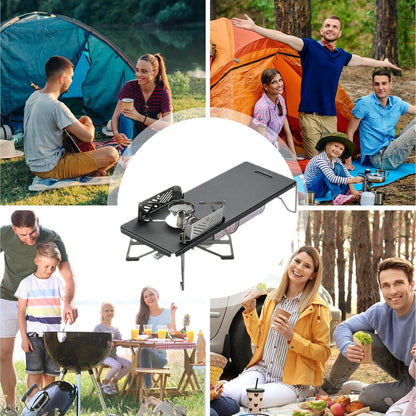 Portable Black Camping Kitchen Set – Foldable Table with Stove Rack and Accessories for Outdoor Cooking, BBQ, and Travel Setup