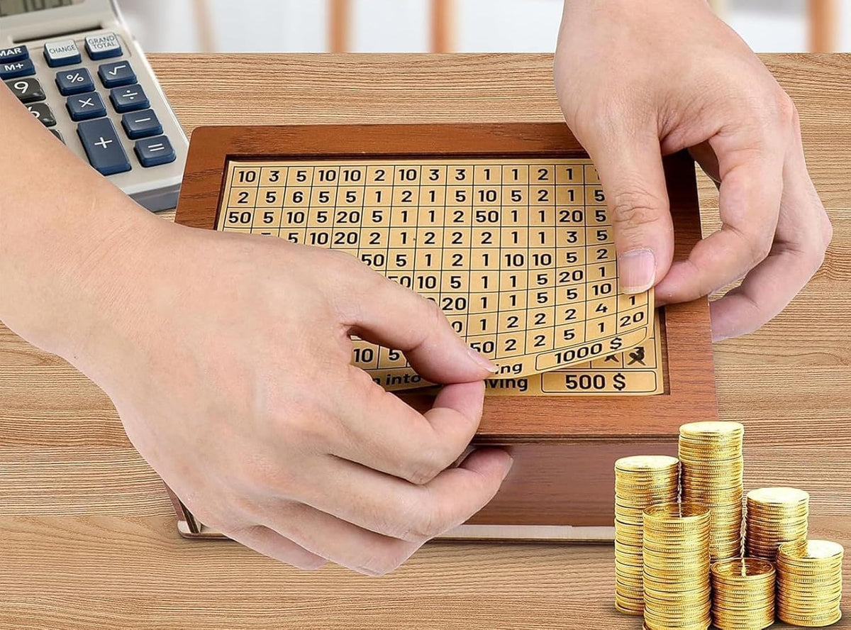 Wooden Cash Vault Savings Box – Secure Adult Money Bank with Target Tracker & Numbered Goal Display