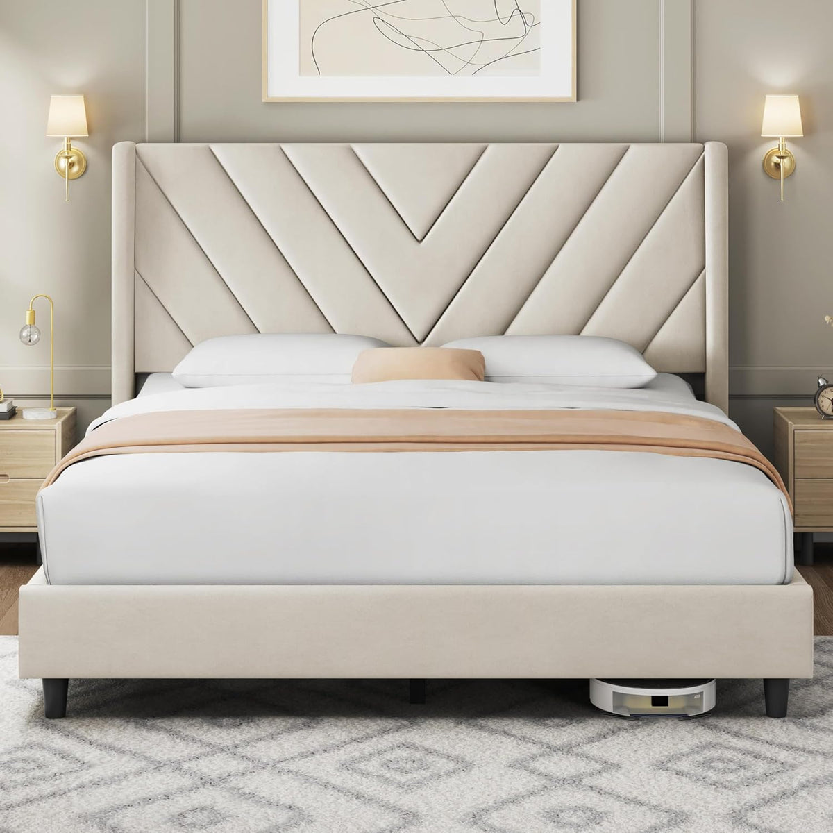 Queen Bed Frame with Chevron Channel-Tufted Headboard