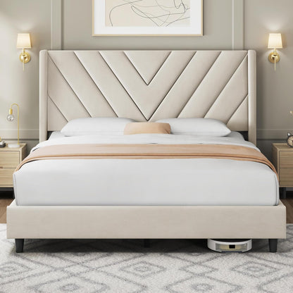 Queen Bed Frame with Chevron Channel-Tufted Headboard