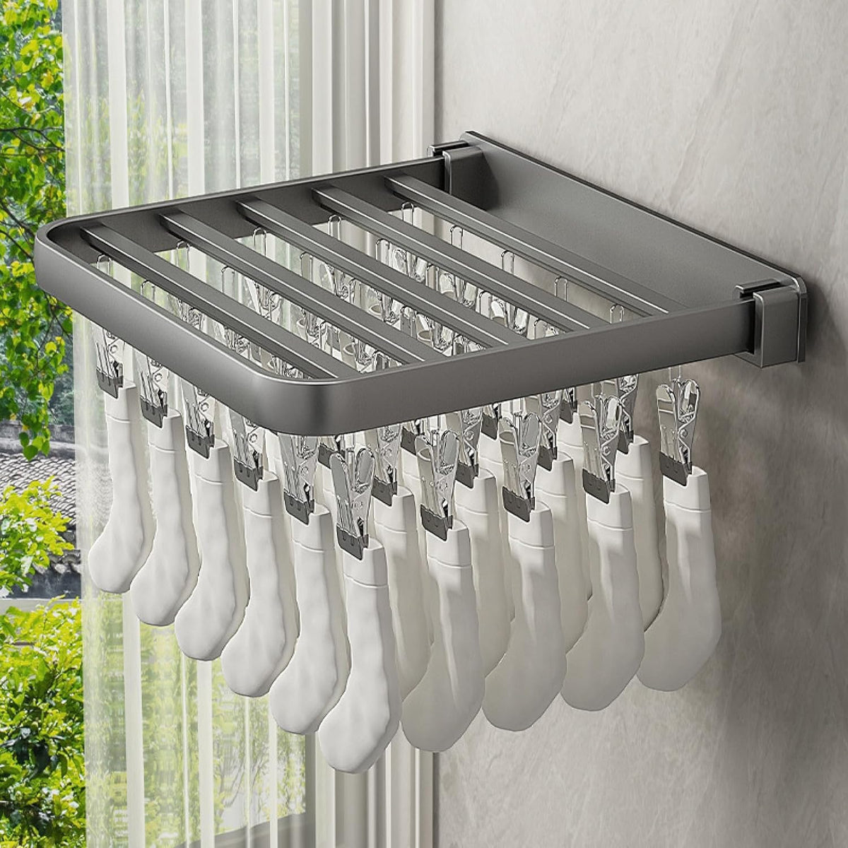 Three-Fold Clothes Drying Rack – Large Laundry Organizer with Rods, Clips for Pants, Towels, Gloves; Space-Saving Design for Indoor or Outdoor Drying