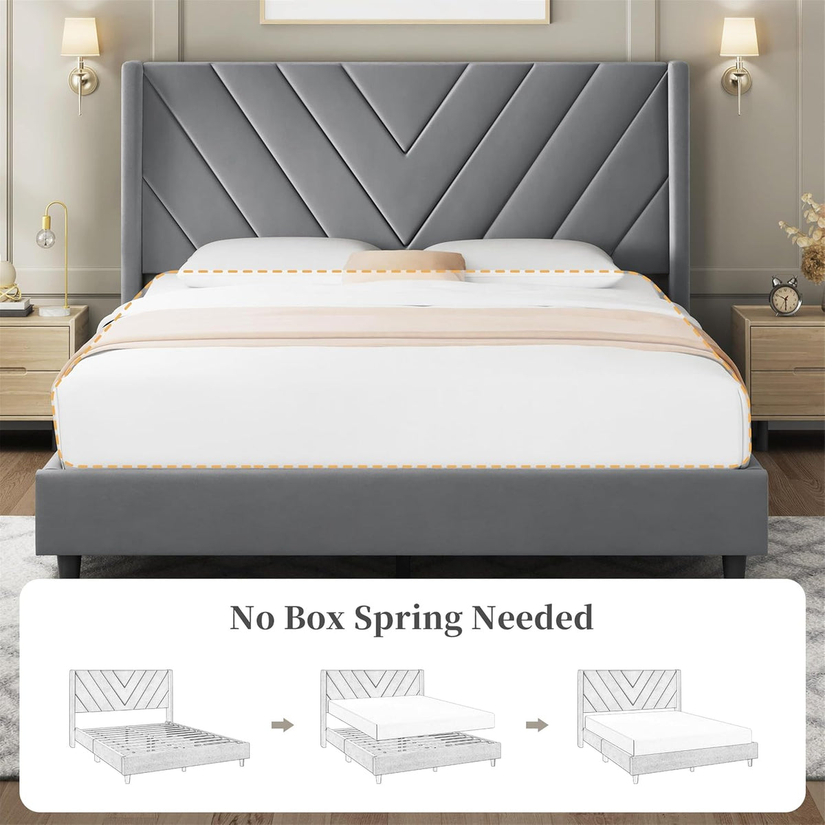 Queen Bed Frame with Chevron Channel-Tufted Headboard
