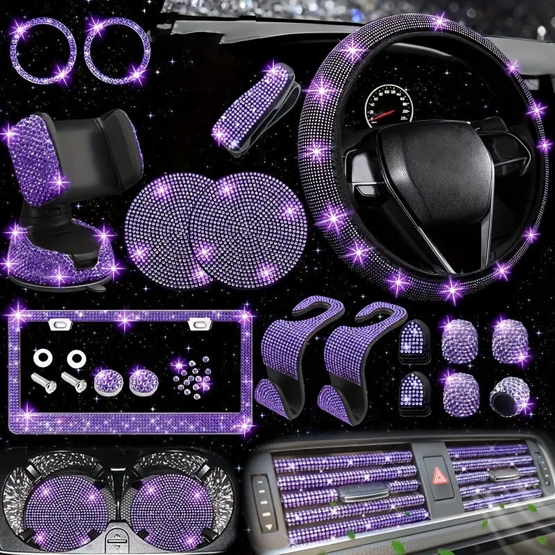 Bling Interior Set for Women with Rhinestone - 27pcs. Luxury Car Accessories for Steering Cover, Crystal Push Start Ring and Gear Trim