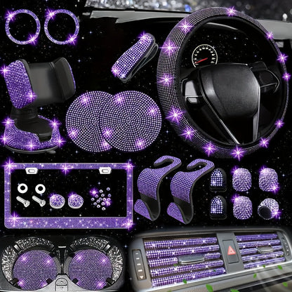 Bling Interior Set for Women with Rhinestone - 27pcs. Luxury Car Accessories for Steering Cover, Crystal Push Start Ring and Gear Trim