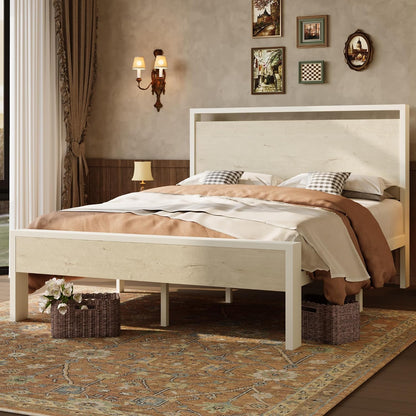 14 Inch Queen Size Metal Platform Bed Frame with Wooden Headboard and Footboard