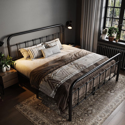 Queen Metal Bed Frame with Victorian Iron-Art Headboard